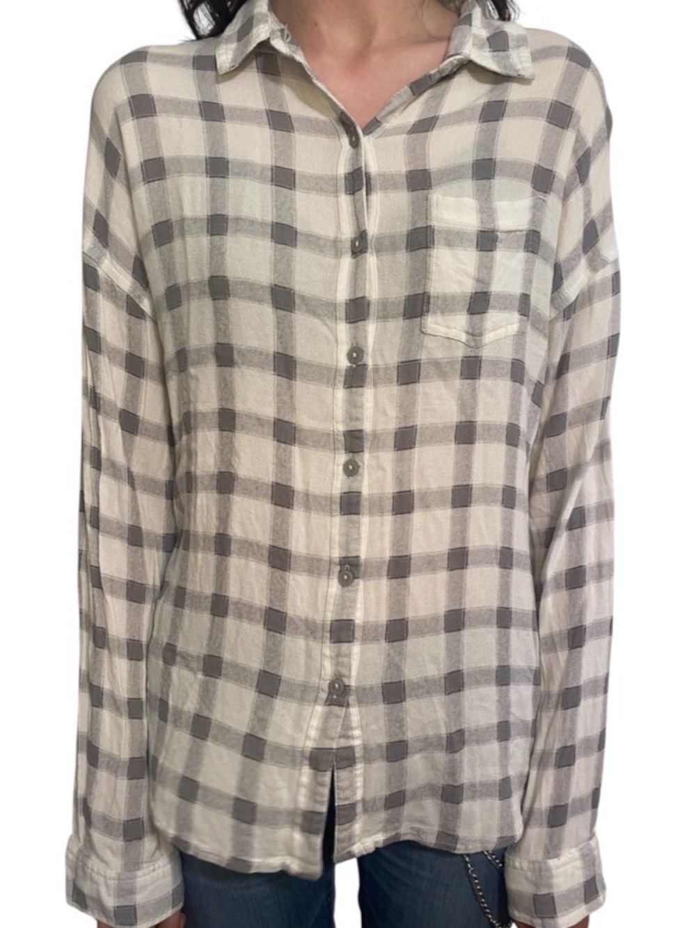 Leith Cream and Gray Plaid Button-Down Blouse comfy lightweight Size XS Women